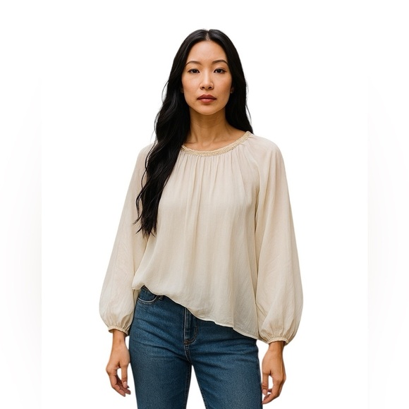 TEMPO PARIS Women’s Sheer White Size M/L Gold Embroidered Neckline Blouse - Picture 1 of 4